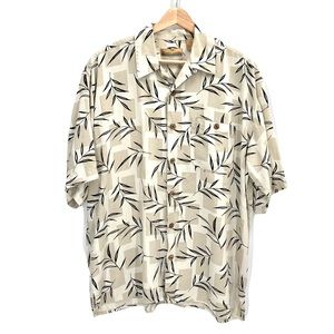 Bobby Chan 100% Silk Shirt Tan Short Sleeve Palm Print Button Up Size Medium